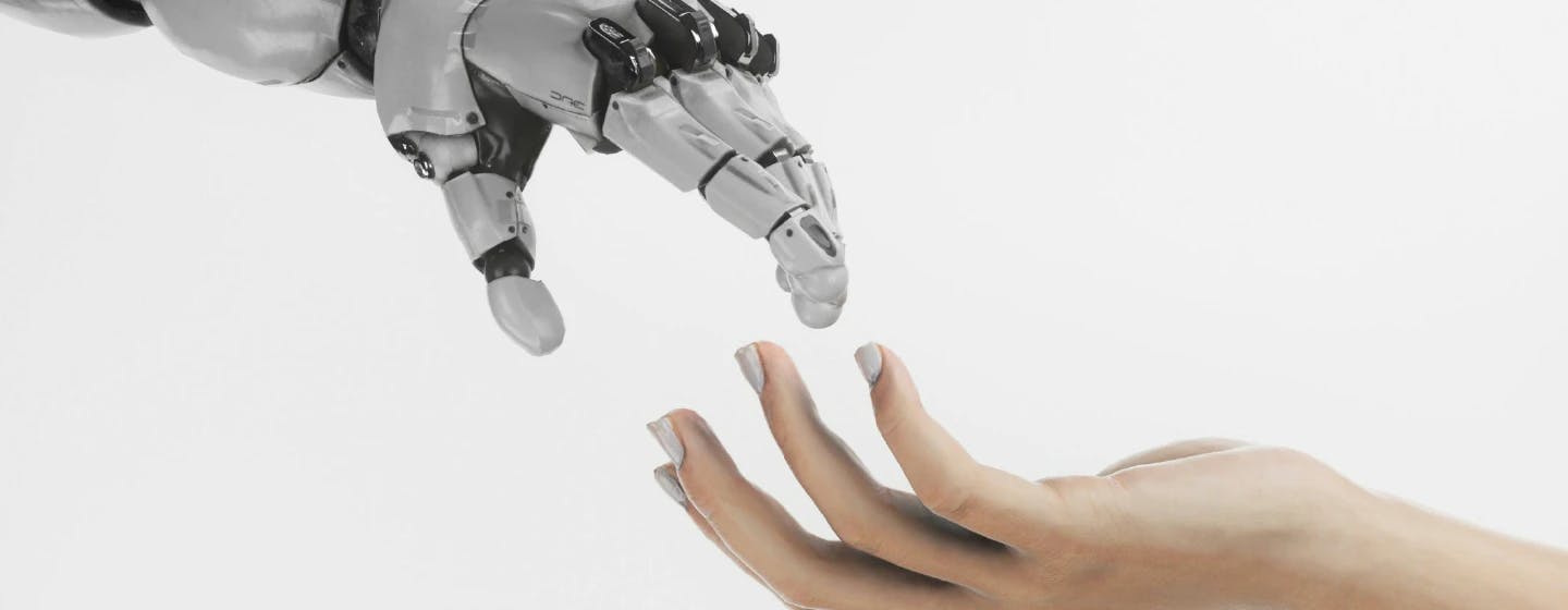 a robot and human about to shake hands representing humans and tech coming together for better qualitative research